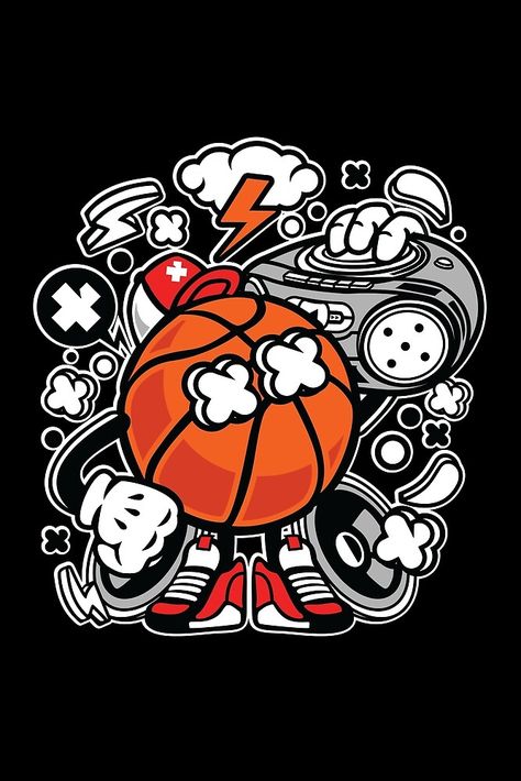 Basketball Boombox Beat Cartoon Character - Funny T-shirt for Basketball music lovers who live Basketball Sounds ! Basketball Vector Art, Basketball Cartoon Character, Doodle Art Basketball, Basketball Doodle Art, Cartoon Basketball Wallpaper, Basketball Graffiti Art, Basketball Drawing Ideas, Basketball Art Draw, Basketball Cartoon Art