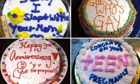 Say it with cake! The shocking not-so-sweet messages that could only be said in icing :) Cake Messages, Cake Quotes Funny, Birthday Cake Messages, Cake Quotes, Cake Show, Funny Birthday Cakes, Crazy Cakes, Cool Birthday Cakes, Unique Cakes