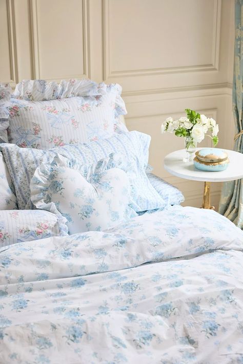 Full/Queen Duvet Cover + Sham Floral Set | LoveShackFancy Loveshack Fancy Bedding, Greece Inspired Bedroom Decor, Love Shack Fancy Comforter, Love Shack Fancy Bedding Sets, Light Blue Vintage Bedroom, Blue Princess Room Aesthetic, Antique Eclectic Bedroom, Love Shack Fancy Sheets, Blue Coastal Cowgirl Bedroom