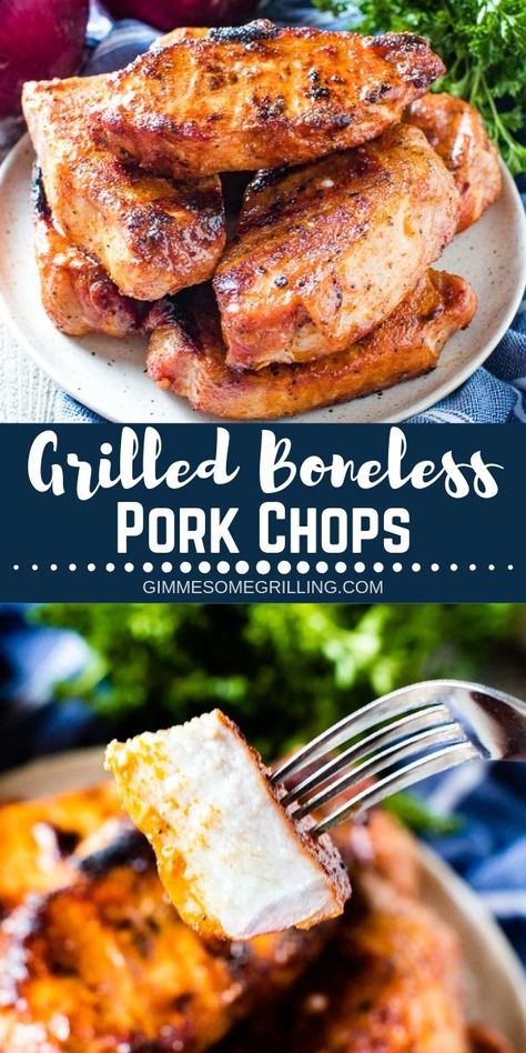 These easy Grilled Boneless Pork Chops have a delicious homemade rub with pantry staples. They are perfectly grilled until they are tender and juicy. They make a great healthy dinner recipe on your grill. Perfect for the weeknight! #porkchops #recipe Grilled Pork Chops Boneless, Grilling Recipes Pork, Pork Chop Recipes Grilled, Boneless Pork Chop Recipes, Marinated Pork Chops, Bbq Pork Ribs, Healthy Dinner Recipe, Pork Rib Recipes, Grilled Pork Chops