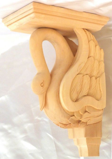 ZakrosDesign. 11-1/2"H X 5-1/4"W x 7-3/8"D    Hand Carved Red Oak, Birch Wood Swan Corbel New Unfinished, Triple sanded. SKU# CW1046 For More Options and Questions, Please Go to Our Ebay Store Newel Post Caps, Wooden Corbels, Wood Corbels, Lake Cottage, World Decor, Diy Home Repair, Hard Wood, Home Repairs, Red Oak