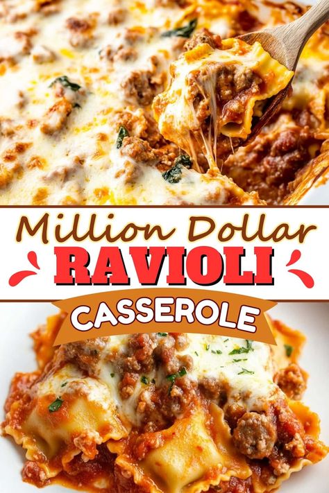 This million-dollar ravioli casserole is too good to miss! Loaded with tender pasta, sausage, and plenty of melty cheese Million Dollar Ravioli Casserole, Sausage Ravioli Recipe, Ravioli Dinner Ideas, Million Dollar Ravioli, Baked Tortellini Recipes, Pumpkin Waffles Recipe, Cajun Potatoes, Pasta Sausage, Ravioli Casserole