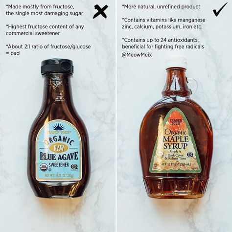 Reposting @meowmeix:  ... "You guys I learned something new today 🙀 I knew agave was bad for you but didn't know maple syrup actually has some proven benefits and is better for you than cane sugar. So here's some food for thought when you're looking for the best choices to sweeten your food with...But remember to use sparingly, it's still sugar! ❤️ Agave: It may not be corn, but it's still a high fructose syrup 😱Fructose causes insulin to spike, raises triglycerides (a risk factor for heart di Agave Syrup Benefits, Agave Benefits, Amanda Meixner, Easy Weekly Meals, Organic Maple Syrup, Agave Syrup, Alkaline Diet, Pure Leaf Tea Bottle, Food Facts