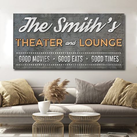 PRICES MAY VARY. Museum-Grade Quality - Personalized Theater Sign Prime Gallery-Wrapped Canvas Country Wall Art; No sagging, dents, accidental rips; Printed using UV-Resistant Ink with a neatly folded edge to complete that Rustic Décor look! Hassle-Free - This Custom Theater Canvas Sign Home Decor Comes with Ready-to-Hang Hooks; Water-resistant custom name wall decor print; Cleans easily using a damp cloth. Made in Florida - 100% produced in the US, we're confident that these personalized family Lounge Sign, Theater Sign, Theater Room Decor, Movie Theater Decor, Cinema Sign, Theater Decor, Theatre Sign, Movie Lover Gift, Movie Wall