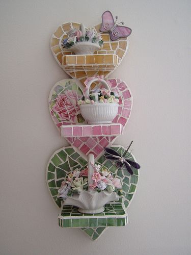 Heart shelf | by crafty_lady Heart Shelf, Stained Glass Dragonfly, Mosaic Hearts, Mosaic Furniture, Vintage Mosaic, Mosaic Art Diy, Glass Dragonfly, Mosaic Garden Art, Mosaic Art Projects