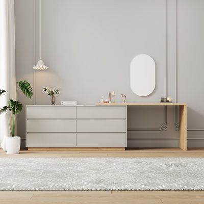 Small and exquisite: It is designed by combining a dressing table and a storage cabinet, suitable for various sizes of households. It can be used as a TV cabinet, a dressing table, and a desk, serving three purposes. Space-saving design: The 'L' shaped corner design of the vanity table, measuring 51.1"W*19.6"D*29.5"H, makes full use of the bedroom corner. The spacious tabletop is perfect for bedroom makeup and storage. Our modern vanity table is made of E1 grade paint-free density board, with a Long Drawers Bedroom, Makeup Corner In Bedroom Small Spaces, Bedroom With Makeup Vanity, Drawers Decor, Ikea Dressing Table, Chest Of Drawers Decor, Corner Dressing Table, Modern Vanity Table, Luxury Vanity