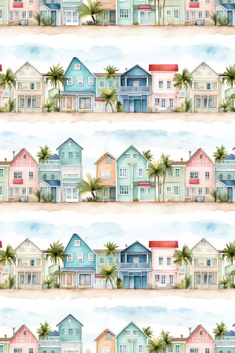 Watercolor Beach Houses Digital Paper Coastal Vacation, Watercolor Beach, Clip Art Png, Beach Watercolor, Art Png, Beach Houses, Seamless Pattern, Digital Paper, Seamless Patterns