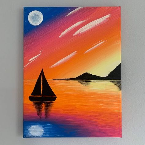 READY TO SHIP! For those of you who are in love with sunsets as much as I am, this scene is vibrant and colorful. In this specific sunset, there is a lot of orange in the mix. The water reflects the clouds and moon in the sky, as well as the silhouette of the sailboat and land in the distance. Boating Painting, Sunrise Acrylic Painting, Painting Gift Ideas, Acrylic Painting Colorful, Sunset Acrylic Painting, Moon In The Sky, Cute Easy Paintings, Sunset Acrylic, Sunset Painting Acrylic