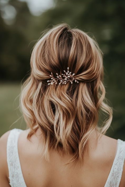 60  Half-Up Bridal Hairstyles to Elevate Your Wedding Look | Matched Hearts Simple Wedding Day Hair, Simple Wedding Hair For Medium Length, Medium Length Half Updo Wedding, Lob Wedding Hairstyles Half Up, Mid Length Hair Half Up Wedding, Wedding Short Hair With Veil, Wedding Medium Hairstyles Half Up, Short Half Up Bridal Hair, Partial Updo For Wedding