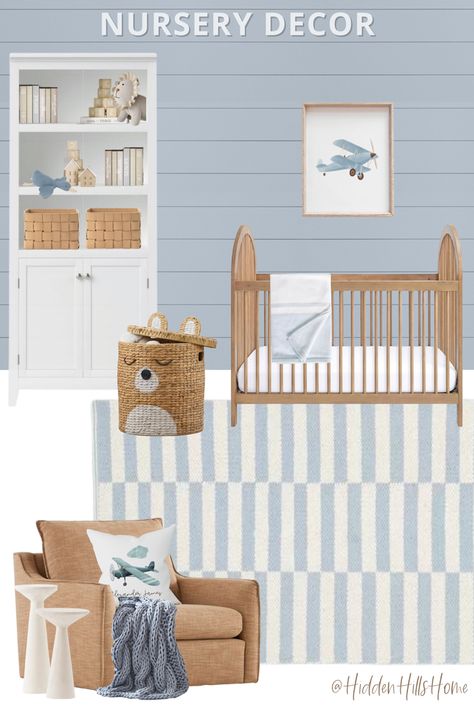 Baby blue airplane nursery decor mood board! Cute baby boy’s nursery decor ideas with airplane themed Nursery With Blue Accent Wall, Shades Of Blue Nursery, Baby Boy Airplane Nursery, Light Blue Boy Nursery, Light Blue Nursery Boy, Airplane Nursery Theme, Blue Nursery Ideas, Blue Boys Nursery, Airplane Themed Nursery