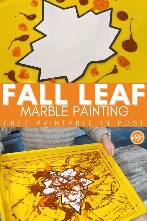 Fall Leaf Marble Painting Marble painting is exactly what it sounds like- using your marble as your paintbrush! This is a challenging twist on your average painting project- especially for toddlers! To make these fun Marble Leaf Painting, Fall Painting With A Twist, Fall Finger Painting, Marble Painting For Kids, Painting Fall Leaves, Young Toddler Activities, Paper Activities, Painting Marble, Moon Room