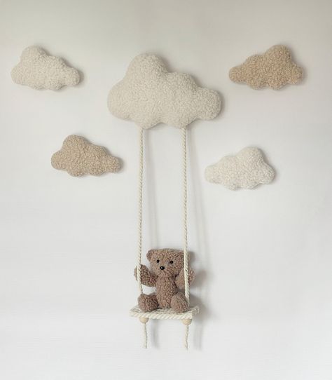 Wall decor clouds bear boucle Nursery neutral gender decor Soft wall decor Teddy bear clouds decor walls Hanging walls decor nursery Bear on a swing  An ideal, neutral wall decor for a children's room! A bear,clouds will perfectly decorate the wall near the baby's crib!  The decor is made of bouclé fabric, it is very soft and stylish!  We can make the color individually to match the decor, write to us and we will make all your wishes come true! Teddy Bear Room Decor, Teddy Bear Room, Bear Nursery Theme, Clouds Decor, Sky Nursery, Cozy Baby Room, Teddy Bear Nursery, Walls Decor