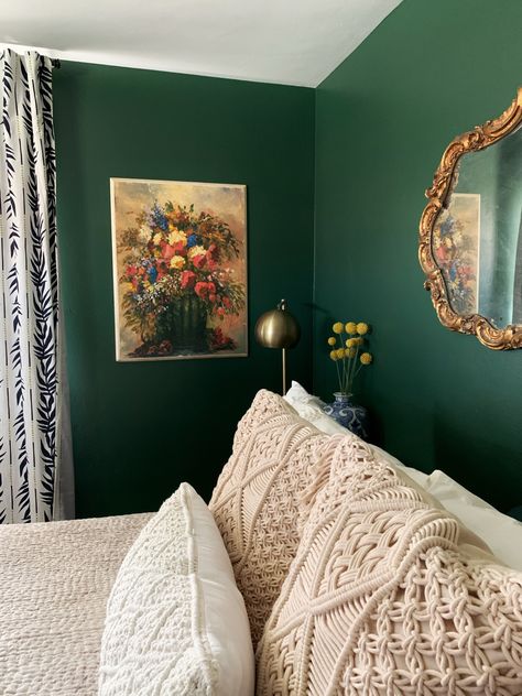 Jade Green Bedroom, Dark Eclectic Home, Thrifted Mirror, Orange Bedroom Walls, Dark Eclectic, Bedroom Redecorating, Flat Bedroom, Bedroom 2023, Green Bedroom Walls