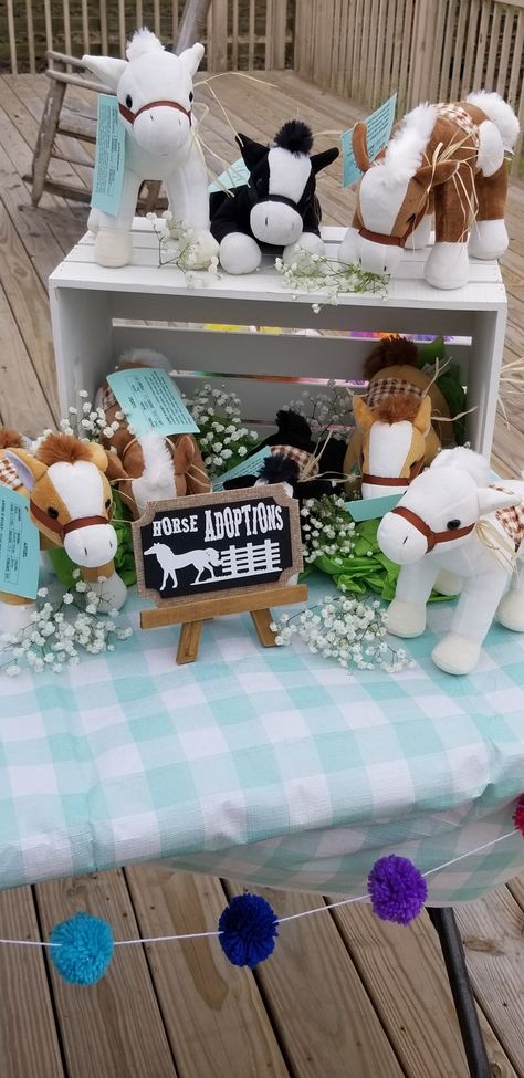 horse adoptions, birthday party, horses, each horse has a name and story Pony Ride Birthday Party Ideas, Saddle Up Birthday Party Decor, Cowgirl Western Birthday Party, Horse Themed Second Birthday, 2nd Birthday Horse Theme, Horse Adoption Birthday Party, Pony Adoption Party, Horse Party Table Decor, Spirit 2nd Birthday Party