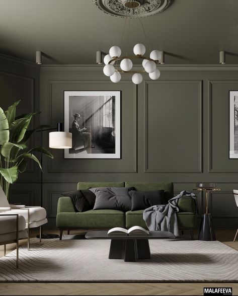 Dark Green Living Room Panelling, Edwardian Lounge Ideas, Green Media Wall Living Room, Green Panelling Living Rooms, Dark And Moody Dining Room, U Couch, Monochromatic Living Room, Green Couch Living Room, Dark Green Living Room