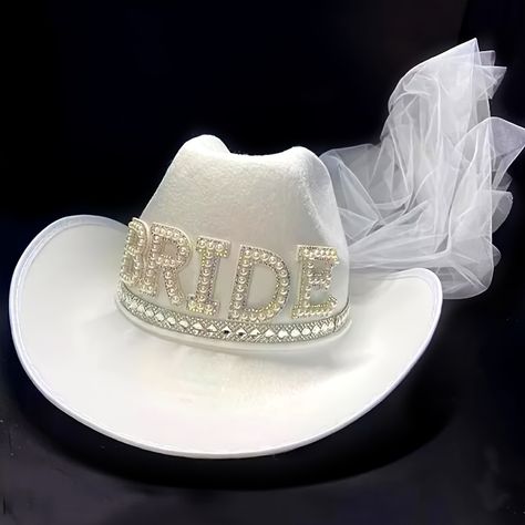 Elegant White Bridal Cowboy Hat Veil Rhinestone 'bride' - Temu Australia Bride Cowgirl Hat, Bridal Party Hats, Pearl Bridal Shower, Bachelorette Party Hat, White Cowboy Hat, Western Themed Wedding, Cowgirl Wedding, Veiled Hats, Summer Hats Beach