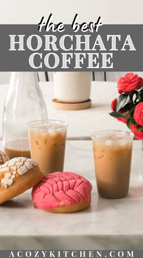 Horchata Coffee is the combination of the two best things: horchata and coffee. Think of this coffee horchata recipe like cold brew. Coffee grounds are steeped with almonds, rice, and brown sugar, blended, and then strained to make the most delicious drink to start your day with. #coldbrewcoffeerecipes #howtomakehorchata Horchata Cold Brew, Horchata Iced Coffee Recipe, Mexican Iced Coffee Recipe, Horchata Cold Brew Recipe, How To Make Mexican Coffee, Horchata Coffee Recipe, Abuelita Coffee Recipe, Horchata Starbucks Drink, Mexican Coffee Bar Ideas