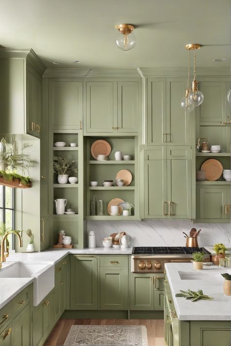 kitchen cabinets, color trends, sage green, home decorating Antique Green Cabinets, Large Green Kitchen, Green Kitchen Cupboards Sage, Sage Green Pantry Shelves, Best Green Color For Kitchen Cabinets, Soft Fern Kitchen Cabinets, Pistachio Green Kitchen Cabinets, Saybrook Sage Kitchen Cabinets, Green Kitchen Color Schemes