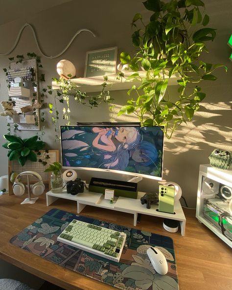 Transforming my desk into a green sanctuary for the ultimate gaming and productivity boost! Swipe to see all the details. 🌱✨ #DeskInspo #GamingSetup #cozyvibes #GamingSetup #DeskGoals #AestheticDesk #PlantDecor #HomeOffice #TechSetups #WorkspaceGoals #InteriorDesign #GreenSpace #Inspo #DailyDesk #IGGaming #OfficeInspo #DeskTour #PlantLover #Instagamer #TechInspo Cute Gaming Setup Green, Desk Setup Green, Green Desk Setup, Green Gaming Setup, Green Setup, Gaming Desk Setup, Girl Desk, Cozy Desk, Green Desk