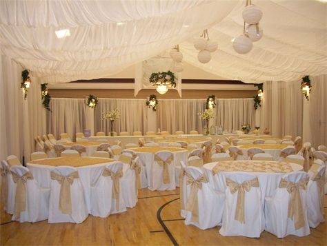 <3 Hall Wedding Decorations, Lds Weddings Reception, Wall Drapes, Church Reception, Weddings Idea, Sweet 17, Ceiling Draping, Quinceanera Planning, Wedding Reception Decor