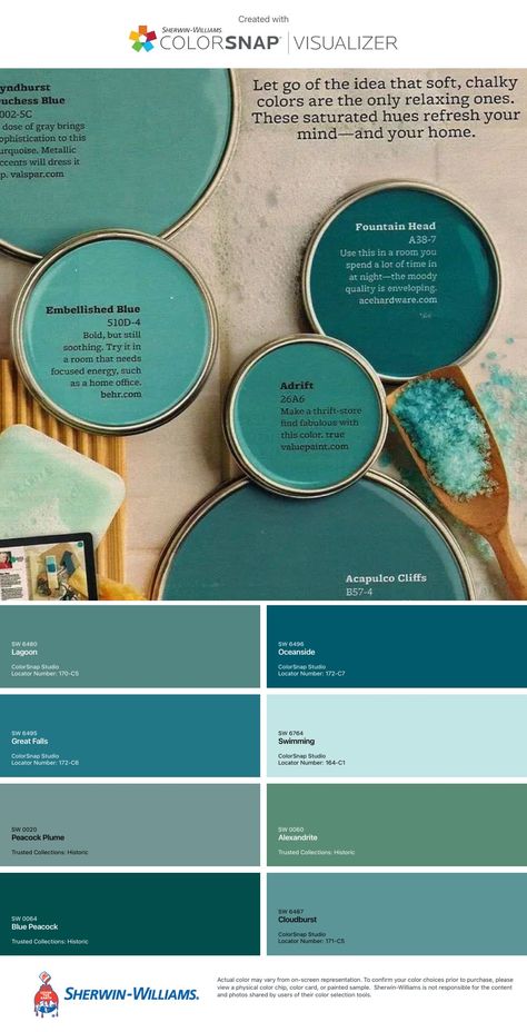 Turquoise House Interior, Hunter Green Pallet Color Inspiration, Spa Like Bedroom Paint Colors, Peacock Paint Palette, Sage And Teal Living Room, Jewel Tone Beach House, Peacock Blue Bathroom Ideas, Sea Green Interior Design, Aqua Green Color Palette