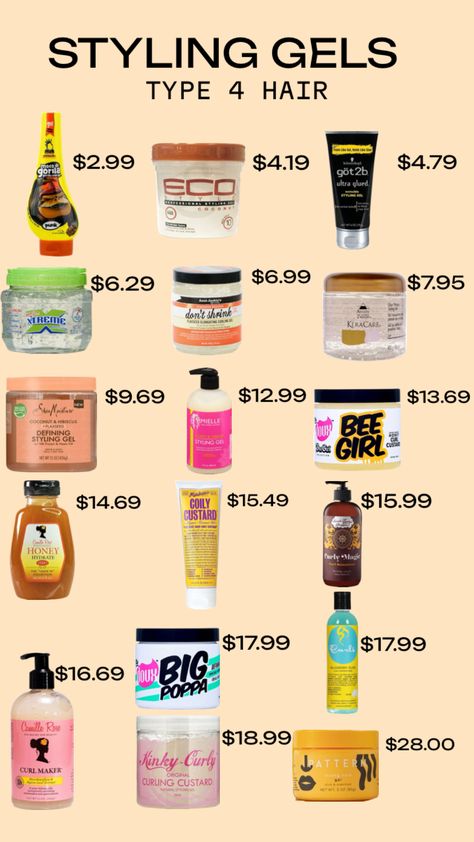 styling gels for type 4 hair and their prices(may defer) #curls #kinkyhair #type4 #4a #4b #4c #gel #stylinggel 4c Gel, Natural Hair Journey Tips, Curly Hair Advice, Hair Journey Tips, Gel Curly Hair, Healthy Curly Hair, Natural Hair Care Routine, Healthy Hair Routine, Natural Hair Routine