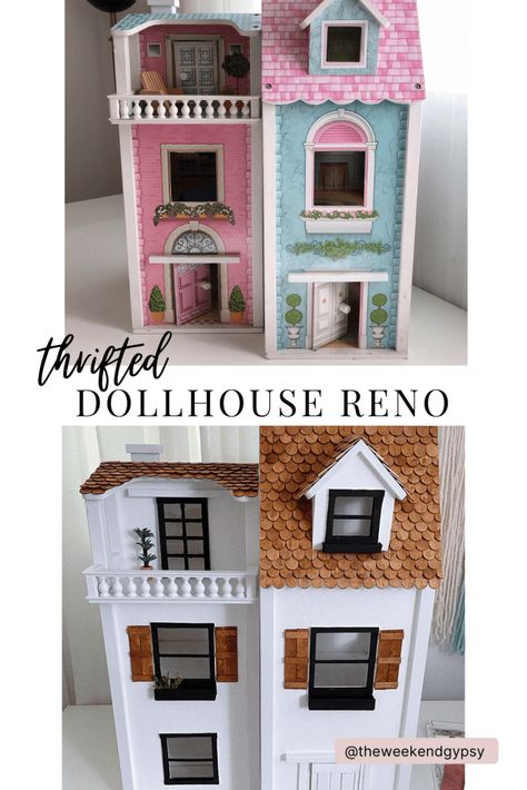 Toy House Makeover, Refinish Dollhouse, Dolls House Makeover Diy, Le Toy Van Dollhouse Makeover, Diy Dollhouse Remodel, Wood Dollhouse Makeover, Refinishing Dollhouse, Doll House Roof Ideas, Pottery Barn Dollhouse Makeover