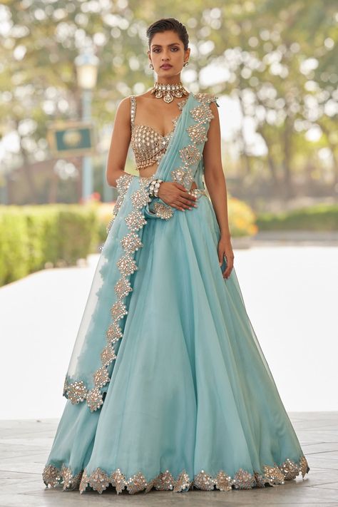 Shop for these amazing collections of Blue Lehenga And Dupatta Organza Hand Embroidery Mirror Geometric Blouse Set For Women by Vvani by Vani Vats online at Aza Fashions. Blue Organza Lehenga, Vani Vats, Cancan Lehenga, Lehenga Pattern, Embroidery Mirror, Indian Wedding Poses, Organza Lehenga, Blue Organza, Padded Blouse