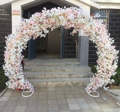 Cherry Blossom Arch, Metal Backdrop Stand, Metal Backdrop, Hanging Glass Vase, Iron Arch, Geometric Centerpiece, Pink Quince, Flower Door, Round Arch