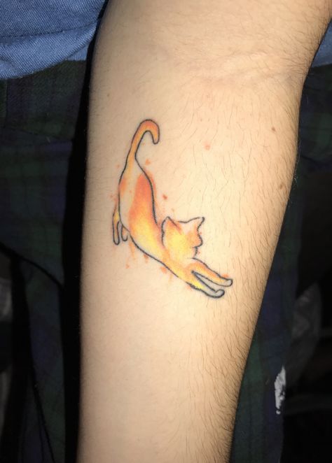 Orange Watercolor Tattoo, Orange And White Cat Tattoo, Orange Tattoo Color, Orange Cat Tattoo Ideas, Orange Tabby Tattoo, Orange Colored Tattoo, Orange Tabby Cat Tattoo, Small Orange Cat Tattoo, Cat Tattoo Orange