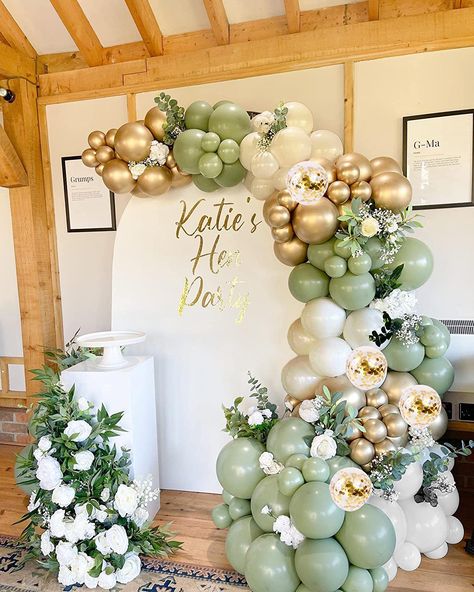 Balloon Garland Green And Gold, White And Green Birthday Decorations, Engagement Party Ideas Sage Green, Sage And Gold Balloon Arch, Sage White And Gold Balloon Arch, Sage Green Wedding Balloon Arch, Amazon Birthday Decorations, Sage And Gold Balloon Garland, Olive Balloon Garland