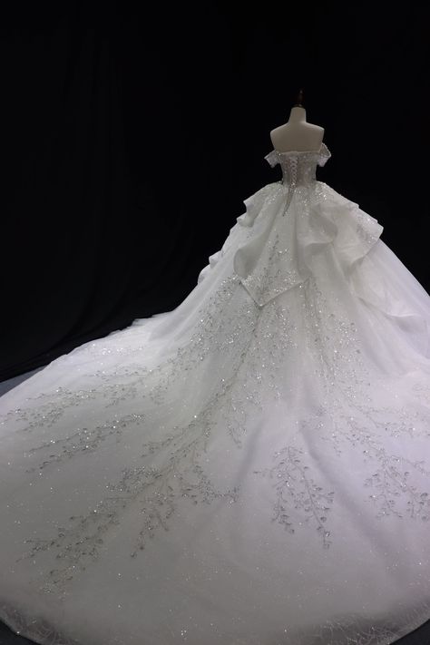 "This is a custom-made to order luxury wedding dress by measurements. Sizes over 14 will be charged $150 extra. Sizes over 20 will be charged extra $250. Description: Silhouette: royal ballgown; Color: ivory white: Neckline: off the shoulder with sweetheart Sleeve: sleeveless; Back closure: corset( can be changed); Train: cathedral train; Details: luxury heavily crystal beaded around the neckline and bodice with sequins embroidery in shimmering lace and tulle , designed with tiered ruffles skirt Royal Ballgown, Diamond Wedding Dress, Wedding Gown Princess, Wedding Dress Skirt, Ballroom Wedding Dresses, Ruffles Skirt, Royalty Dress, Big Wedding Dresses, Bling Wedding Dress