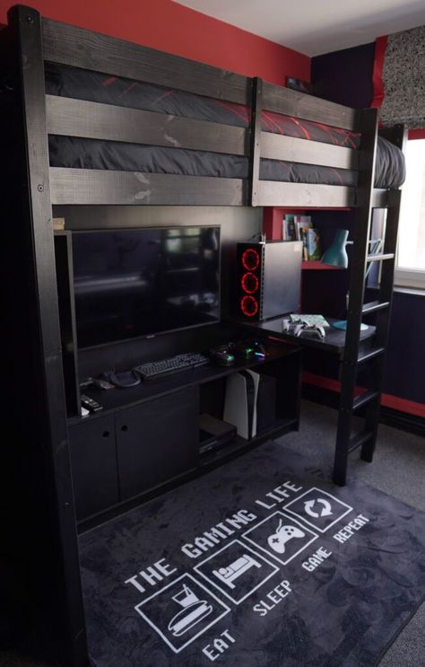 Modern Loft Bed Gaming, Gaming Bunk Bed Ideas, Cute Room Ideas For A Small Room, Gaming Under Loft Bed, Cool Gaming Bedroom, Bunk Bed Game Room, Cool Gaming Bedroom Ideas, Bunk Bed Gaming Setup, Boys Gaming Bedroom Ideas Small Room