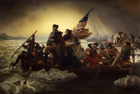 "Washington Crossing the Delaware" is an 1851 oil-on-canvas painting by German American artist Emanuel Gottlieb Leutze. It commemorates General George Washington's crossing of the Delaware River on the night of December 25–26, 1776, during the American Revolutionary War. That action was the first move in a surprise attack against the Hessian forces at Trenton, New Jersey in the Battle of Trenton. Christmas History, Patriotic Pictures, Marine Art, Historical Painting, Staffordshire Bull Terrier, Oil Painting Reproductions, Painting Reproductions, Historical Events, George Washington