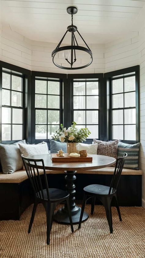 40+ Farmhouse Breakfast Nook Ideas For Your Home Bay Breakfast Nook, Eat In Kitchen Bay Window, Dining Room Nooks, Breakfast Nook Remodel, Breakfast Sitting Area, Elegant Breakfast Nook, Circular Breakfast Nook, Bay Window Dining Area Breakfast Nook, Small Breakfast Nook Ideas Bay Window