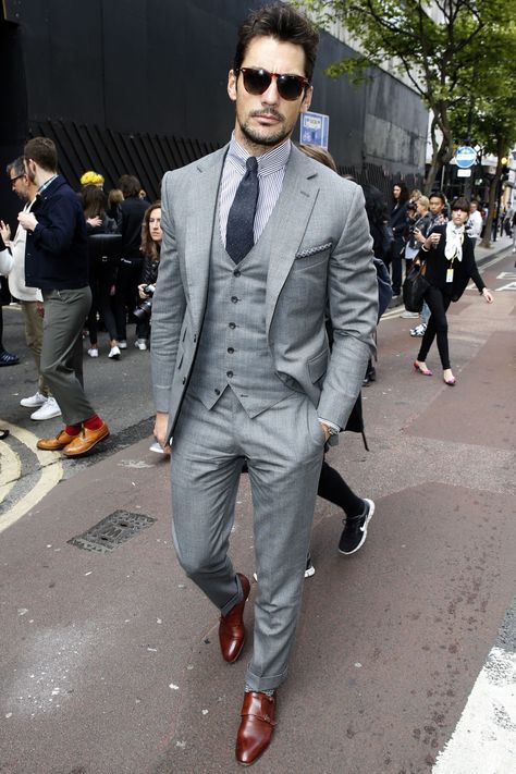 Style Breakdown: David Gandy's Damn Near Perfect Brit Style  - Esquire.com David Gandy Suit, Slim Fit Groom Suit, Terno Slim Fit, Terno Slim, Costume Gris, Wedding Suits Groomsmen, Stil Masculin, Grey Suit Men, Formal Dresses For Men