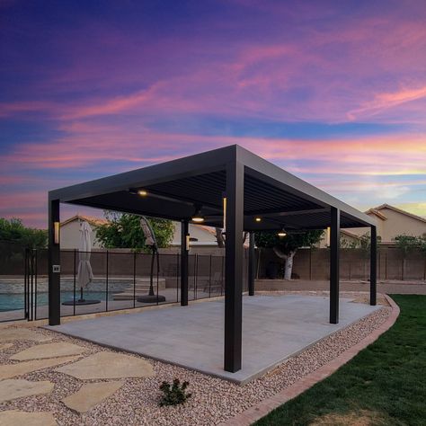 A Pergola X by StruXure is a great way to utilize your outdoor living space even more! Bring the Indoors Out!! ⁠@StruXureOutdoor #StruXure⁠ #PergolaX #Pergola⁠ #Backyard⁠ #OutSmartTheSun⁠ #PergolaGoals⁠ #PatioCover⁠ #BackyardIdeas⁠ #outdoorliving⁠ #outdoordesign⁠ #backyardoasis⁠ #AzPatios #ScottsdaleStruXure Installation by Az Patios Patios Ideas, Pergola Backyard, Black Pergola, Covered Patio Design, Power Coating, Patio Fireplace, Carport Designs, Back Garden Design, Small Space Design