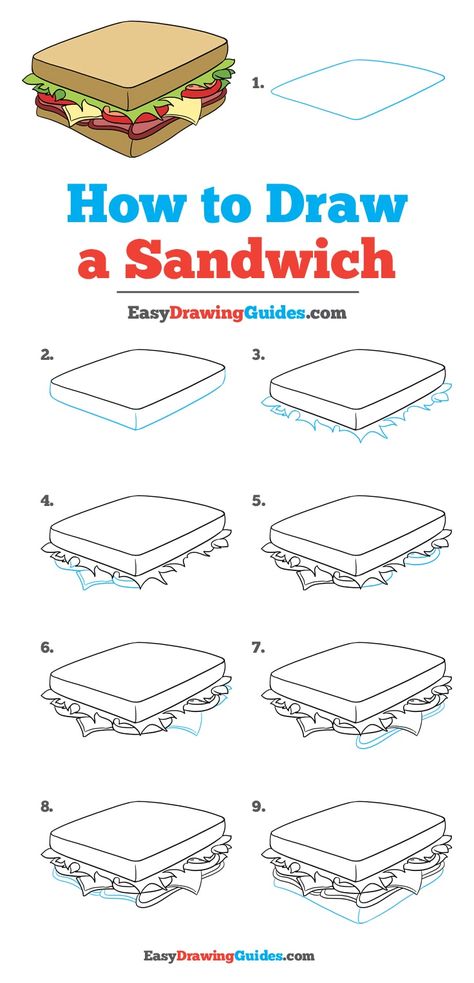 Learn How to Draw a Sandwich: Easy Step-by-Step Drawing Tutorial for Kids and Beginners. #Sandwich #DrawingTutorial #EasyDrawing See the full tutorial at https://easydrawingguides.com/how-to-draw-a-sandwich/. Best Drawing For Kids, Simple Zentangle, Sandwich Drawing, Easy Zentangle Patterns, Easy Drawing Guides, 귀여운 음식 그림, Drawing Guides, Drawing Tutorials For Beginners, Easy Drawing Tutorial