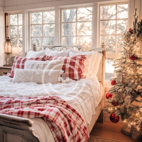 This wonderful Christmas bedroom stock image/multi-use mockup photo features a French Country Cottage aesthetic with red & white decor. Vibe: French Country, Cozy, Warm, Country, Classic, Pretty, Cottagecore, Festive, Christmas, Holiday THIS IMAGE IS ALSO AVAILABLE IN THESE BUNDLES: + Our 'Full House' French Country Christmas Cottage Red & White Bundle of 72 images:  https://www.etsy.com/listing/1583246551/christmas-decor-mockup-bundle-set-of-72  + Our bundle of 12 French Country Christmas Cottage Red & White Bedrooms here: https://www.etsy.com/listing/1583320853/holiday-mockup-photo-bundle-set-of-12 The perfect vessel to showcase your brand! Our mockups/stock images are simple to use - just add your graphic, make any edits you need for the most realistic aesthetic (add a drop shadow & adj Christmas Bedroom Red And White, Red And White Christmas Bedroom Ideas, Red Couch Christmas Photos, Red And White Cottage Decor, Bedroom Decor For Christmas, Red And White Christmas Living Room, Blue Christmas Bedroom Decor, Guest Room Christmas Decor, Cute Christmas Decor For Bedrooms