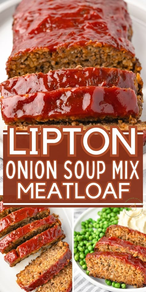 Make classic meatloaf the easy way with this Lipton Onion Soup Meatloaf recipe! This family favorite meatloaf recipe has a super flavorful 'secret ingredient' that makes it stand out from the rest - onion soup mix! Lipton Vegetable Soup Mix Recipes, Lipton Onion Soup Mix Meatloaf, Lipton Onion Soup Recipes, Onion Soup Mix Meatloaf, Lipton Onion Soup Meatloaf Recipe, Onion Soup Meatloaf Recipe, Lipton Onion Soup Meatloaf, Beef Meatloaf Recipes, Onion Soup Mix Recipe