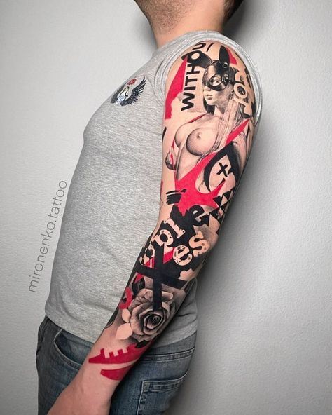 Trash Polka Realism Tattoo, Trash Polka Sleeve Tattoo, Trash Polka Sleeve, Snow Motorcycle, Trash Polka Art, Surrealism Tattoo, Tatuaje Trash Polka, Trash Polka Tattoo Designs, Tiger Tattoo Sleeve