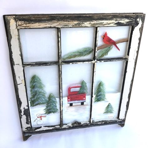 Mirror Mural, Old Window Art, Old Window Crafts, Hand Painted Windows, Window Pane Art, Old Window Decor, Painted Window Frames, Lighting Pictures, Barn Window