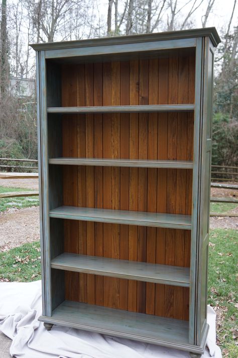 Custom-built bookcase with blue painted finish and stained back panel. Bookcase Makeover, Bookshelf Makeover, Diy Bookshelf, Large Bookshelves, Bookcase Diy, Tall Bookcase, Transforming Furniture, Kursi Bar, Tall Bookcases