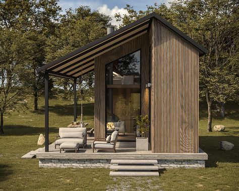 TINY HOUSE :: Behance Scandi Tiny House, Mid Century Tiny House, Tiny House Inspiration Interiors, Double Tiny House, Tiny House Farm, Small Prefab Cabins, Sustainable Tiny House, Cozy Tiny House, Larch Cladding