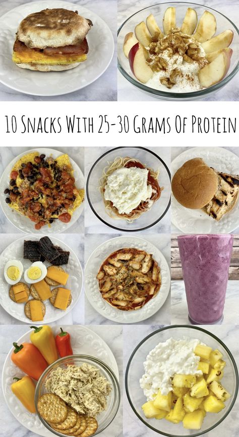 Spreading protein intake evenly throughout the day supports muscle protein synthesis and helps you stay full between meals. I'm sharing ten quick and easy snack ideas with 25-30 grams of protein each. #Protein #ProteinSnacks #Fitness #HealthySnacks #nutritiousSnacks