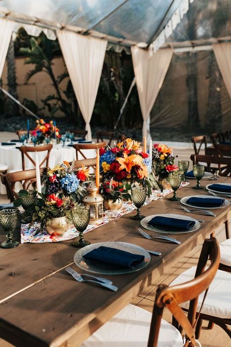 Rustic table setup South American Wedding Decor, Black Mexican Theme Wedding, Spanish Wedding Inspiration, Spanish Style Wedding Decorations, Spanish Wedding Color Palette, Mexico Destination Wedding Decor, Spanish Colonial Wedding, Spanish Style Wedding Dress, Hacienda Style Wedding