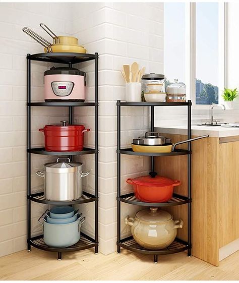 Put those awkward kitchen corners to work with a corner shelf! Perfect for small kitchens with linited space & storage. This 5 Tier corner shelf from Amazon, allows for storage of heavier home & kitchen item. See More Small Kitchen Solutions Here At SquareInch Home.com! Corner Kitchen Shelf | Storage Ideas For Small Kitchens | Small Kitchen Solutions | Space Kitchen Storage Solutions For Small Spaces Storage Nook, Kitchen Corner Shelves, Cookware Stand, Metal Storage Shelves, Pot Rack Hanging, Shelf Holders, Shelf Rack, Steel Racks, Kitchen Corner