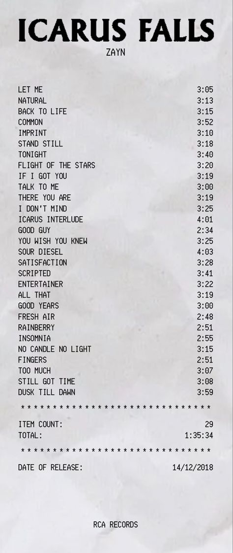 Icarus Falls’ album receipt Icarus Falls Aesthetic, Icarus Falls Zayn, Icarus Falls, Fall Lyrics, Album Receipt, Icarus Fell, Autumn Tattoo, Album Posters, Dusk Till Dawn