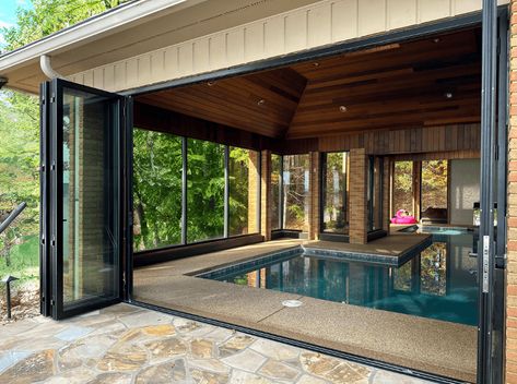 Half Inside Half Outside Pool, Glass Indoor Pool, Indoor Pool Small, Tropical Indoor Pool, Barndominium Indoor Pool, Barndominium With Indoor Pool, Indoor And Outdoor Pool, Houses With Indoor Pools, Inside Pool House Ideas