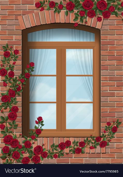 Brick Wall With Windows, Draw Bricks, Macro Photography Tutorial, Climbing Rose, Climbing Roses, Arched Windows, Christmas Window, Christmas Drawing, Window Frame